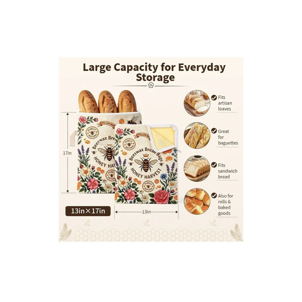 2 Pack Reusable Beeswax Bread Bags 13x17 Sourdough Storage Zip Linen Cotton